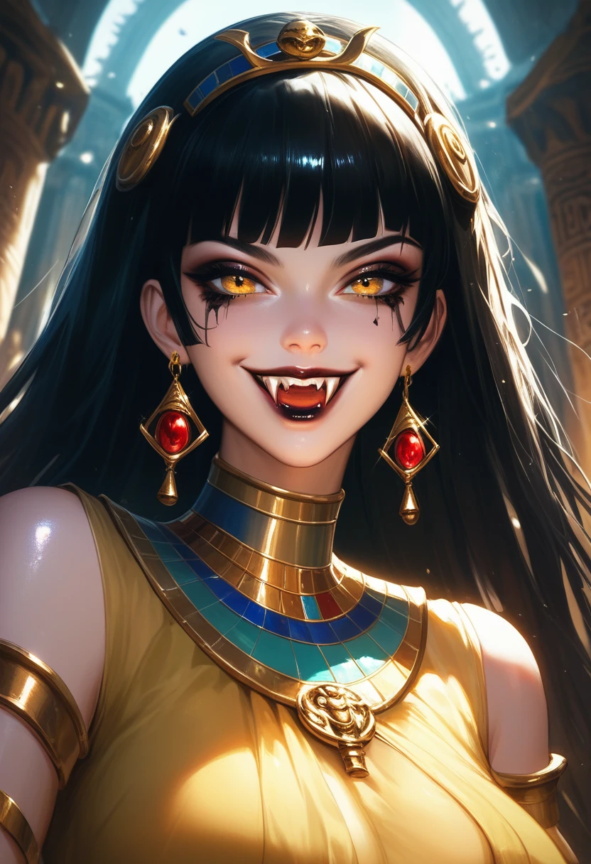 A highly detailed, extreme close-up of a beautiful, Egyptian vampire queen Neferata with an air of dark seduction and power. She has smooth, black hair with bangs, dark, seductive goth makeup, and (glistening vampire fangs visible:1.3) in a subtle, evil smile. Dressed in an ornate, golden dress adorned with expensive jewelry, her appearance embodies both goddess-like grace and deadly allure. The background is a dimly lit, ancient Egyptian temple with intricate golden decor, bathed in soft, volumetric lighting that accentuates the mystical, grim-dark atmosphere. The setting is night-time, with shadows casting a mysterious glow over her face, enhancing her evil yet captivating presence. The color scheme focuses on black and gold tones, with her features meticulously detailed, emphasizing her vampiric beauty and the supernatural allure of a fantasy Warhammer world
