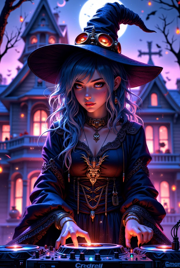 A witches girl play a dj in font of holloween house at night ,  decorations,transparent purple overlay,photorealistic,8k,highly detailed,masterpiece,(best quality,4k,8k,highres,masterpiece:1.2),ultra-detailed,(realistic,photorealistic,photo-realistic:1.37),HDR,UHD,studio lighting,ultra-fine painting,sharp focus,physically-based rendering,extreme detail description,professional,vivid colors,bokeh,portraits,concept artists,dark fantasy,moody lighting