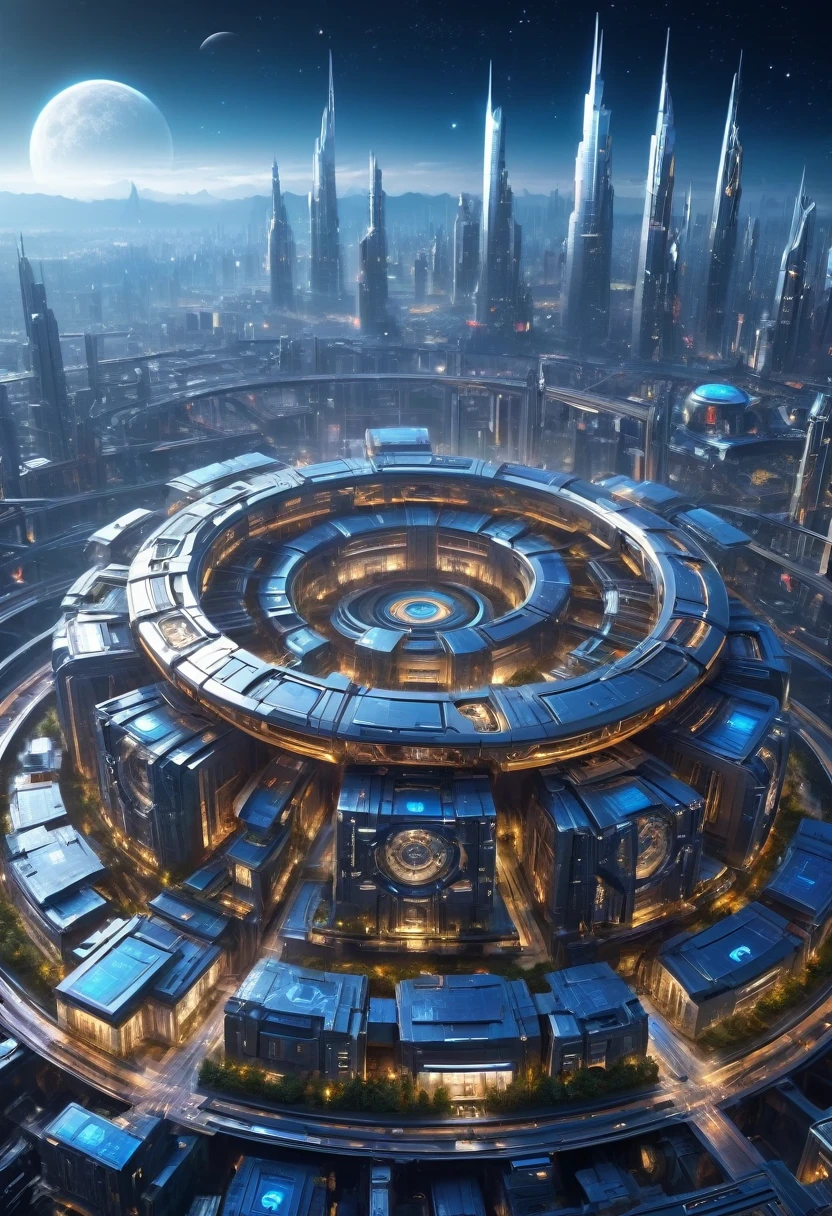 （Very unified CG scene design），（A ring-shaped future city suspended in the universe），（Neatly arranged future technology houses in the ring）complex structure，Complex gears，clear texture，complex patterns，glyphic，Titanium alloy，Sophisticated construction，Ultra-complex structures，future human city，science fiction，cyberpunk characters，