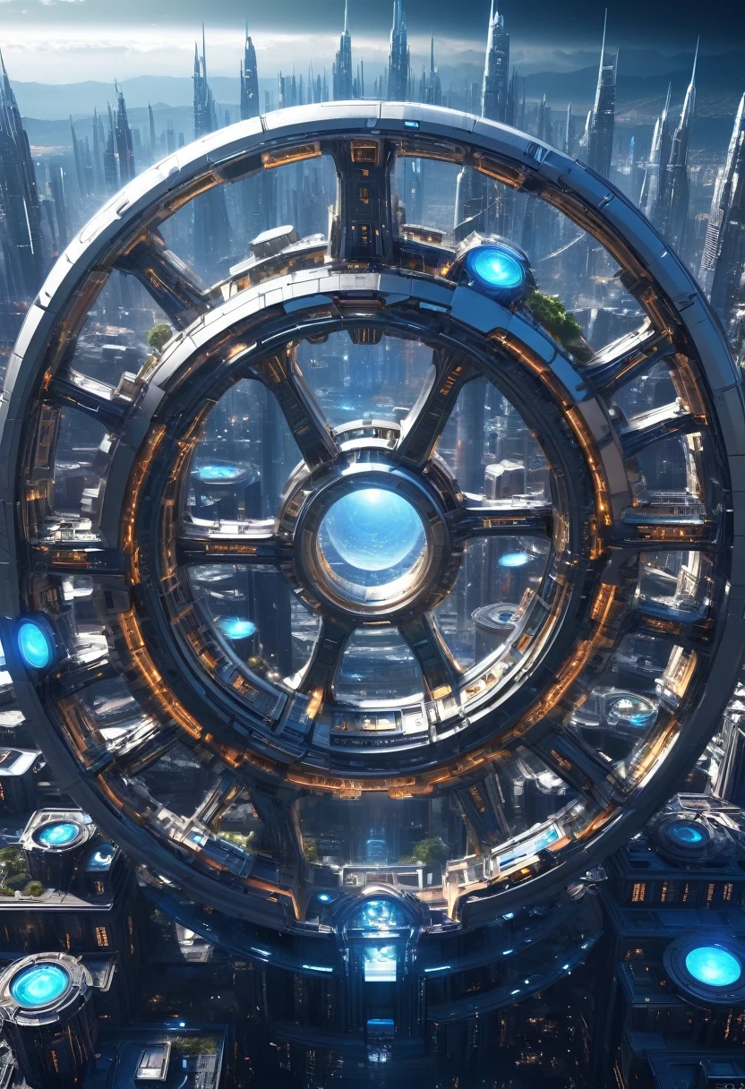 （Very unified CG scene design），（A ring-shaped future city suspended in the universe），（Neatly arranged future technology houses in the ring）complex structure，Complex gears，clear texture，complex patterns，glyphic，Titanium alloy，Sophisticated construction，Ultra-complex structures，future human city，science fiction，cyberpunk characters，