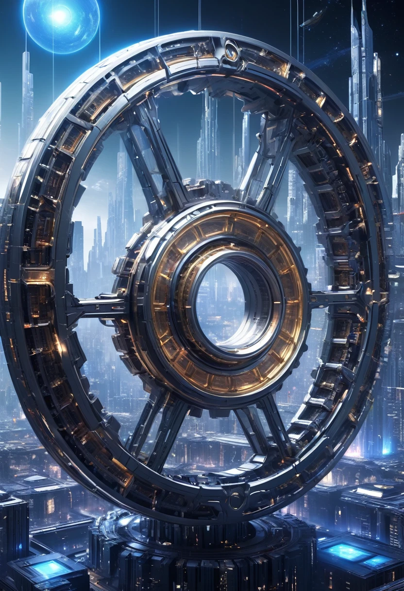 （Very unified CG scene design），（A ring-shaped future city suspended in the universe），（Neatly arranged future technology houses in the ring）complex structure，Complex gears，clear texture，complex patterns，glyphic，Titanium alloy，Sophisticated construction，Ultra-complex structures，future human city，science fiction，cyberpunk characters，