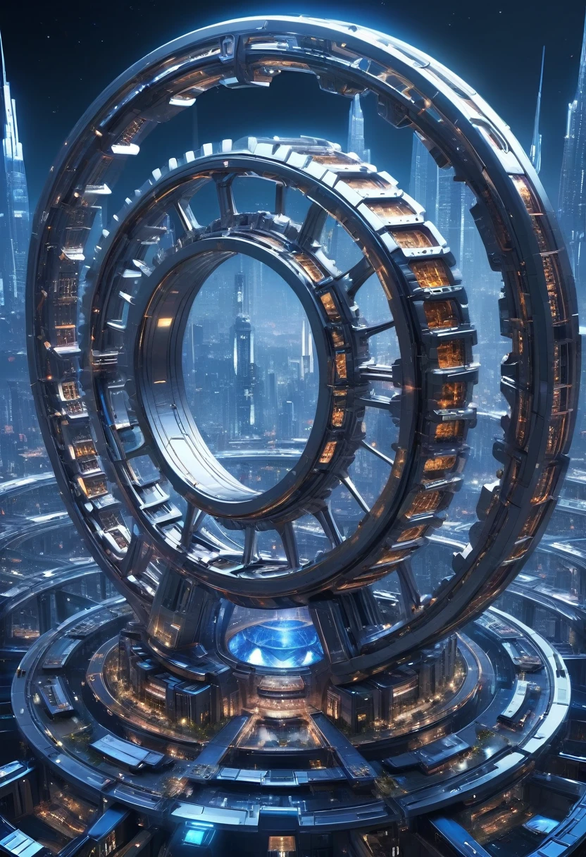 （Very unified CG scene design），（A ring-shaped future city suspended in the universe），（Neatly arranged future technology houses in the ring）complex structure，Complex gears，clear texture，complex patterns，glyphic，Titanium alloy，Sophisticated construction，Ultra-complex structures，future human city，science fiction，cyberpunk characters，