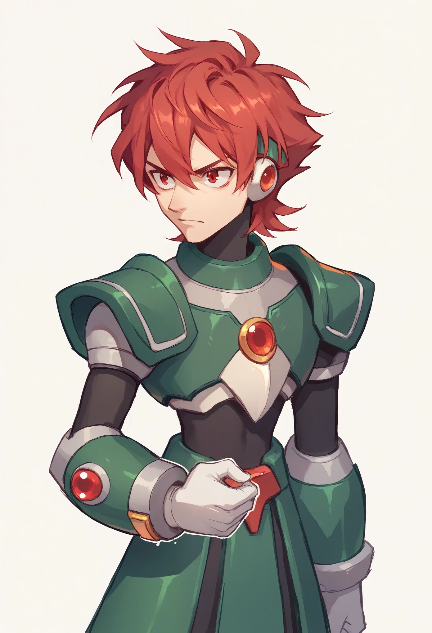 Reploid man , Red hair, red eyes,  green and black armor, Cañón Arm 