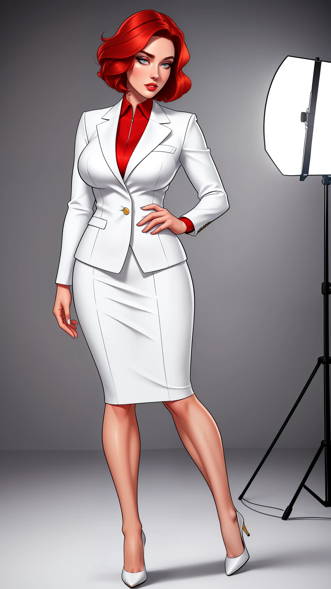 high quality,resolution:8k,realistic,Carolyn Dunn,red hair,bobcut,beautiful detailed eyes,beautiful detailed lips,white suit,pencil skirt,high heels,vivid colors,portraits,studio lighting