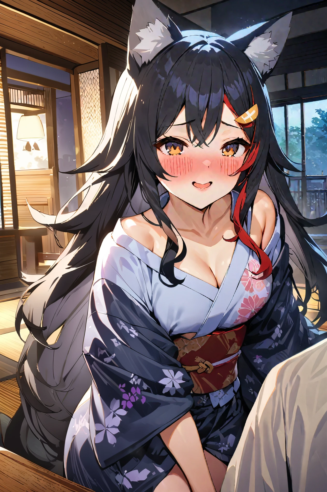 NSFW,masterpiece,Best Quality, high resolution on down, very detailed,Ogami Mio \( hololive \), very long hair,Black Hair,Wolf Ears,Hair accessories、kimono,yukata, off the shoulder,Inn at night,Japanese-style room, moonlight,table,Embarrassed,A face in love,Wisdom face,blush,smile, has sex appeal