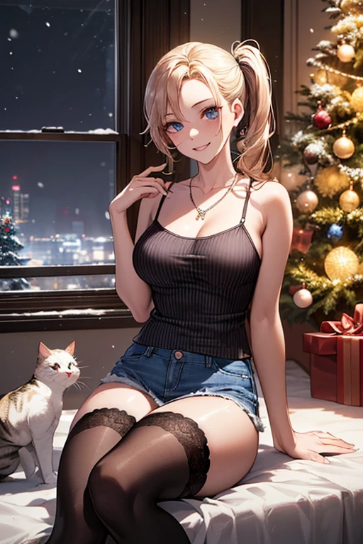 ((((perfect anatomy, super detailed skin)))), 1 girl, japanese, high school girl, shiny skin, large breasts:0.5, watching the view, 
beautiful hair, beautiful face, beautiful detailed eyes, (long hair:1.7, side ponytail:1.5), blond hair, blue eyes, 
beautiful clavicle, beautiful body, beautiful chest, beautiful thigh, beautiful legs, babyface, mole under eye, 
((stripe camisole, denim mini skirt, thigh-highs), cross necklace), seductive thighs, , 
((smile:1.5, open your mouth wide)), , ((( lot of cats))), 
(beautiful scenery), modern architecture, living room, carpet, sitting floor, window, winter, night, christmas, (christmas tree), snow, snowfall:1.5, freezing weather, frost, 
(8k, top-quality, masterpiece​:1.2, extremely detailed), (photorealistic), beautiful illustration, cinematic lighting,
