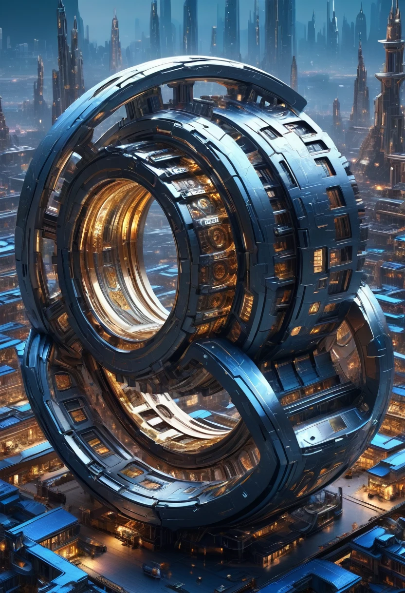 （Very unified CG scene design），（A ring-shaped future city suspended in the universe），（Neatly arranged future technology houses in the ring）complex structure，Complex gears，clear texture，complex patterns，glyphic，Titanium alloy，Sophisticated construction，Ultra-complex structures，future human city，science fiction，cyberpunk characters，