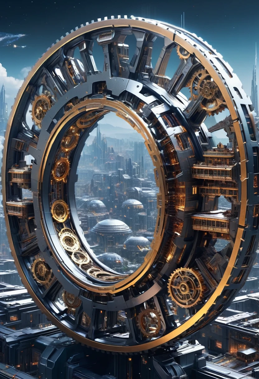 （Very unified CG scene design），（A ring-shaped future city suspended in the universe），（Neatly arranged future technology houses in the ring）complex structure，Complex gears，clear texture，complex patterns，glyphic，Titanium alloy，Sophisticated construction，Ultra-complex structures，future human city，science fiction，cyberpunk characters，