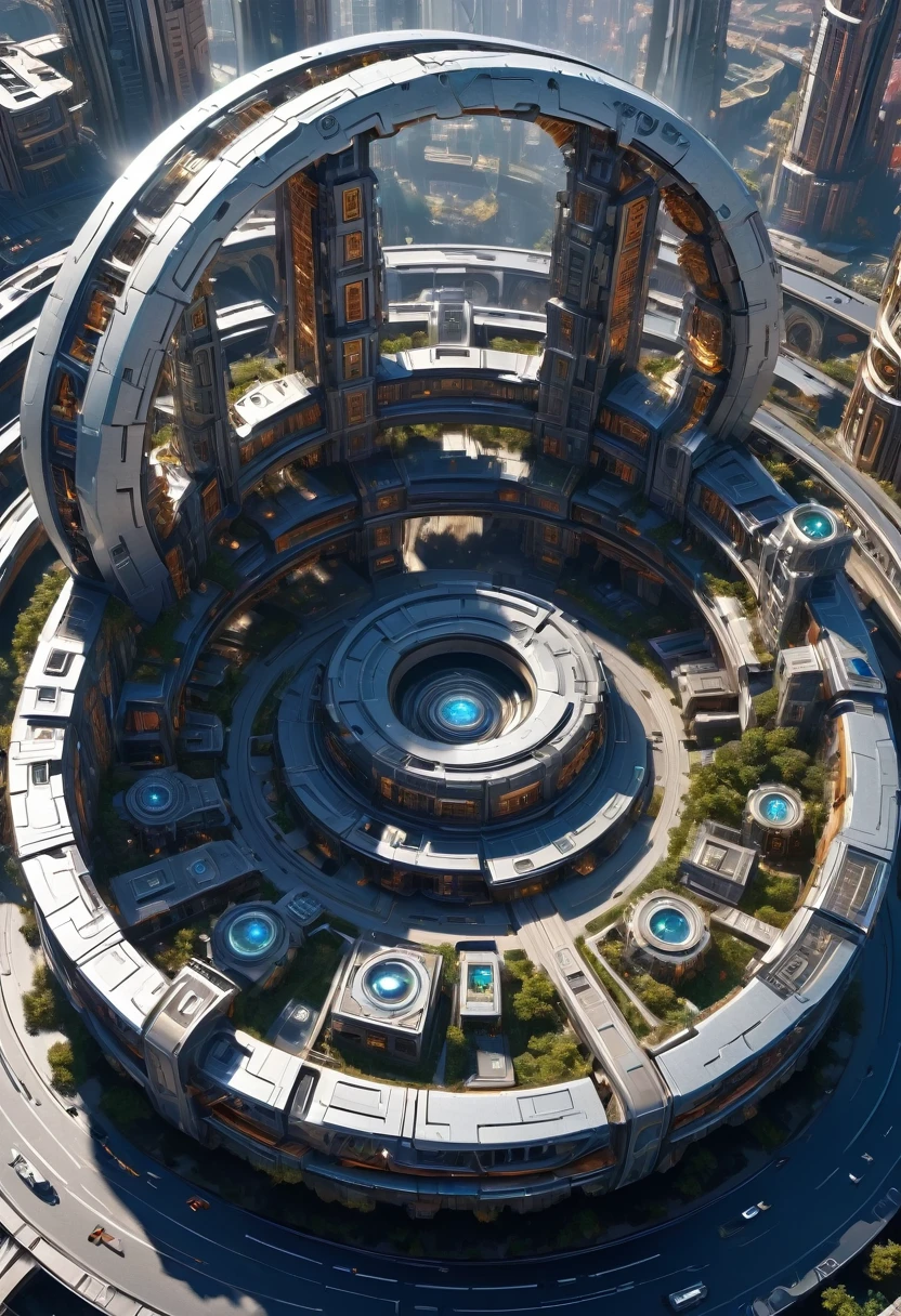 （Very unified CG scene design），（A ring-shaped future city suspended in the universe），（Neatly arranged future technology houses in the ring）complex structure，Complex gears，clear texture，complex patterns，glyphic，Titanium alloy，Sophisticated construction，Ultra-complex structures，future human city，science fiction，cyberpunk characters，