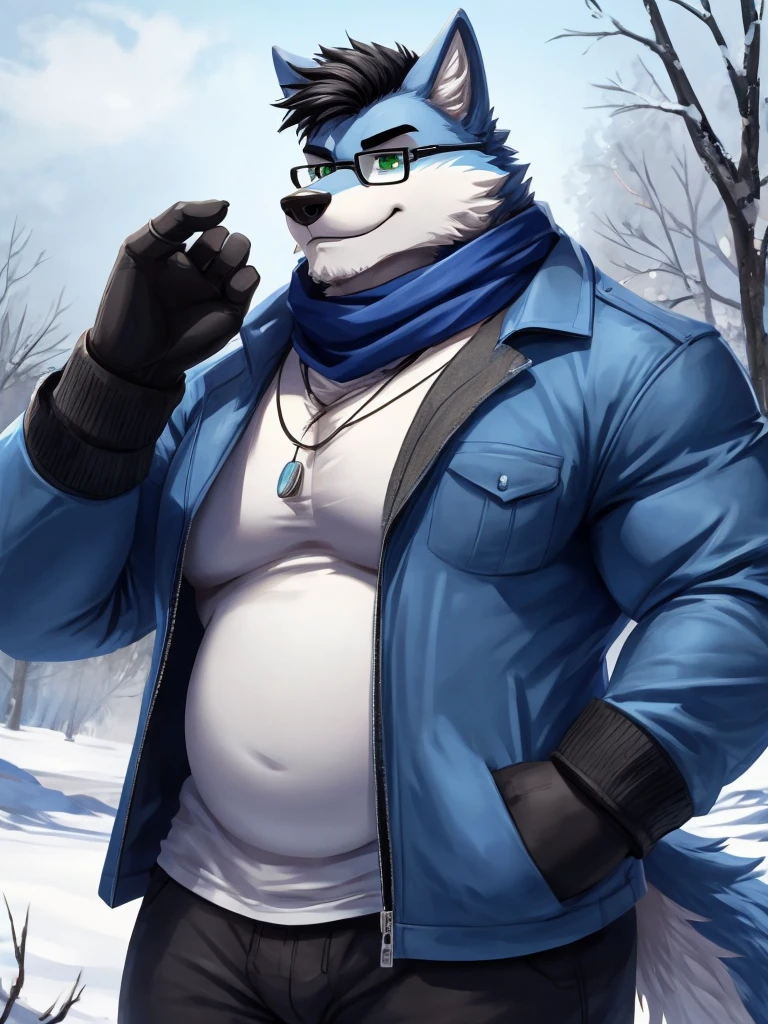 (best quality, 4k, highres, masterpiece:1.2), ultra-detailed, realistic:1.37, Death wolf exploring with confidence, showcasing its powerful black erect penis, size and fit.Beautiful and sexy red eyes white fur Realistic background of a mountain Alone Posing for the camera in a very sensual way Wearing a jacket, luxury glasses and a golden gold chain