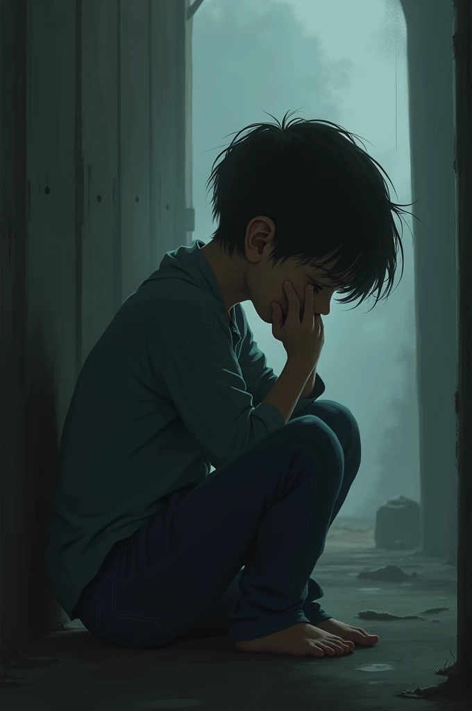 A sad boy sitting at corner with dark background 