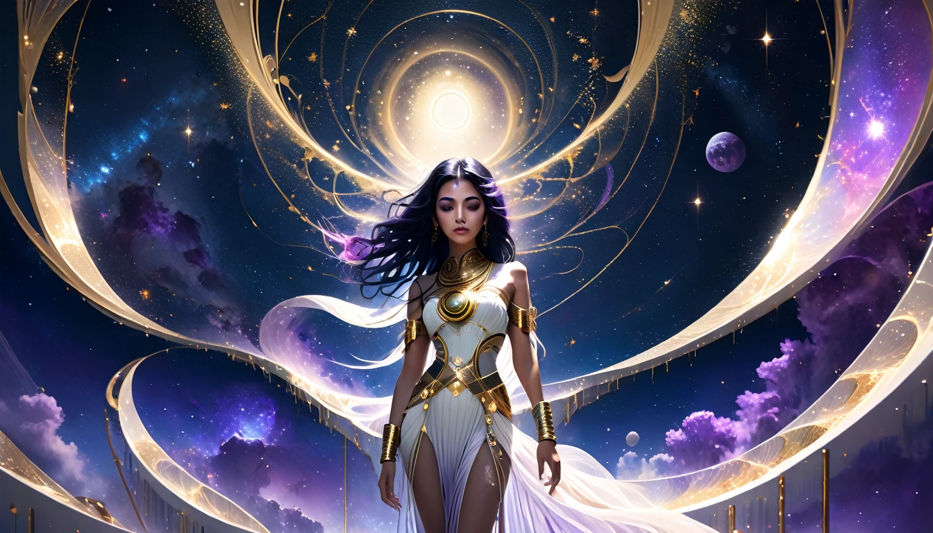 A stunning and unique woman stands at the top of a white ivory staircase with gold accents, positioned to the left of the scene. She gazes intently into the vastness of the universe, her piercing eyes fixed on the stars, as if searching for something beyond the cosmos. Her long, straight black hair, styled in Egyptian fringes, flows softly down her back, shimmering in the soft light. Her expression is serious, full of wonder and deep contemplation. Her arms are relaxed at her sides, not open. A subtle, ethereal vapor swirls around her, adding a mystical atmosphere to the scene. The air is tinged with shades of purple, giving the entire scene a surreal, dreamlike quality. Her detailed, striking and intense eyes gaze into the infinite depths of space, shining with curiosity and wonder. The background features a vast starry sky, stretching into an infinite cosmic expanse, radiating mystery and beauty.