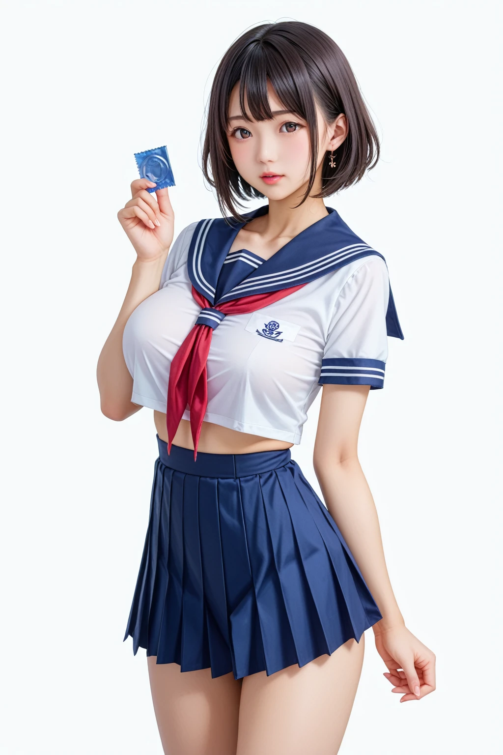  ahe face、 holding a condom、 sailor suit、full body、front view、standing split、stand、 embarrassing expression、Shinozaki Ai、 very detailed illustration、Super detailed illustrations、Ultra-precise expression、masterpiece、Best Quality、ultra high resolution on down、 high resolution on down、perfect anatomy、detailed、extremely detailed CG、unity 8k wallpaper、woman、girl、beautiful、japanese、 white background、 simple background 、One person、Black Hair、 short hair while standing、Big Breasts、Japan see、、