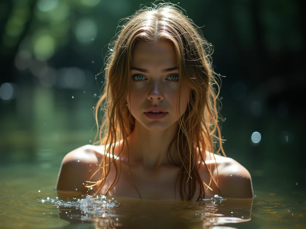 A beautiful girl is naked in the lake under the moonlight at night.  There is water until her breasts are submerged.  She drunkenly gestures as if calling someone to come.She stays in the water until her breasts are submerged.  So the naked body itself is not visible