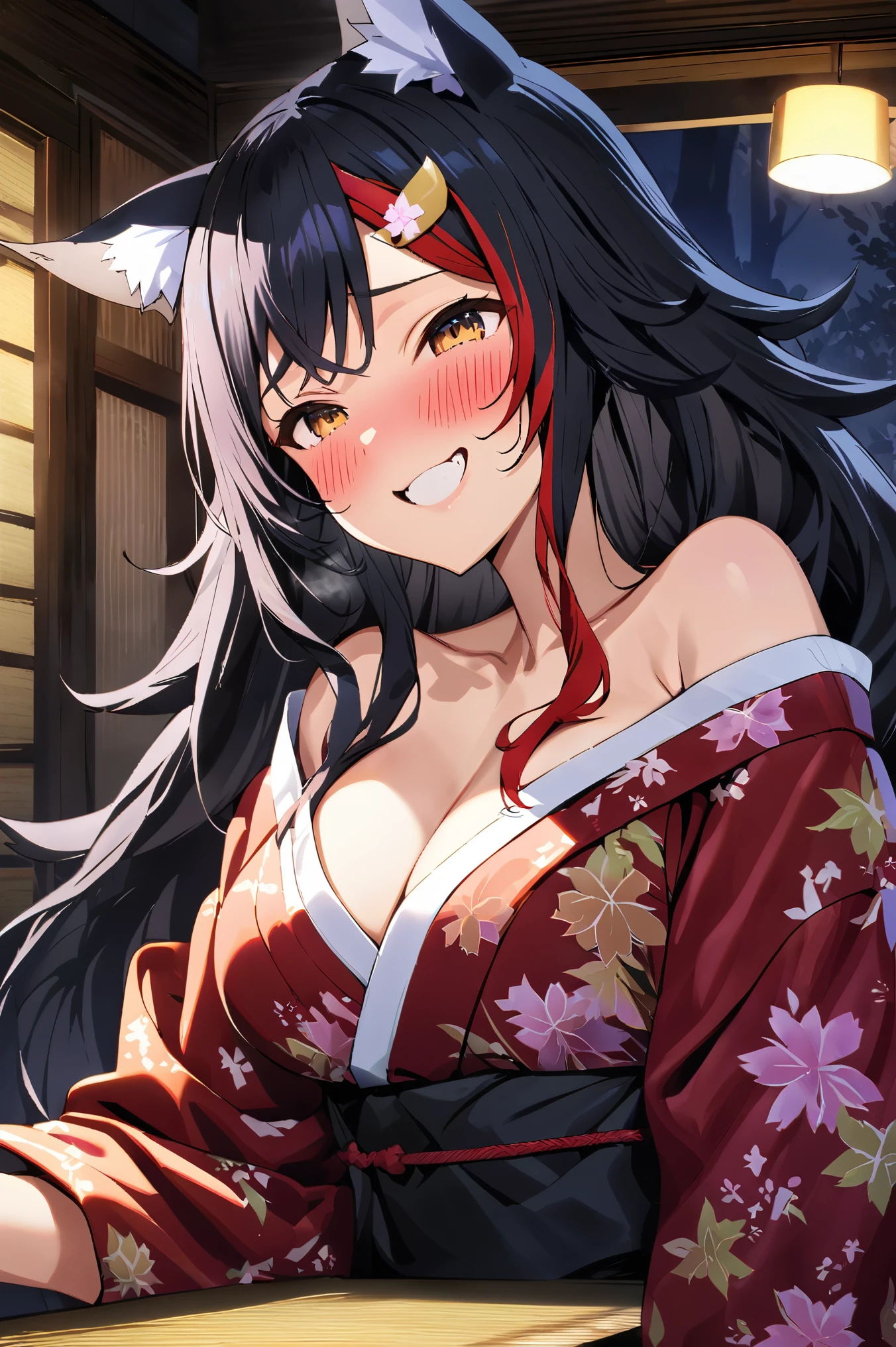 NSFW,masterpiece,Best Quality, high resolution on down, very detailed,Ogami Mio \( ho****ve \), very long hair,Black Hair,Wolf Ears,Hair accessories、kimono,yukata, off the shoulder,Inn at night,Japanese-style room, moonlight,table,Embarrassed,A face in love,Wisdom face,blush,smile, has sex appeal,sweat