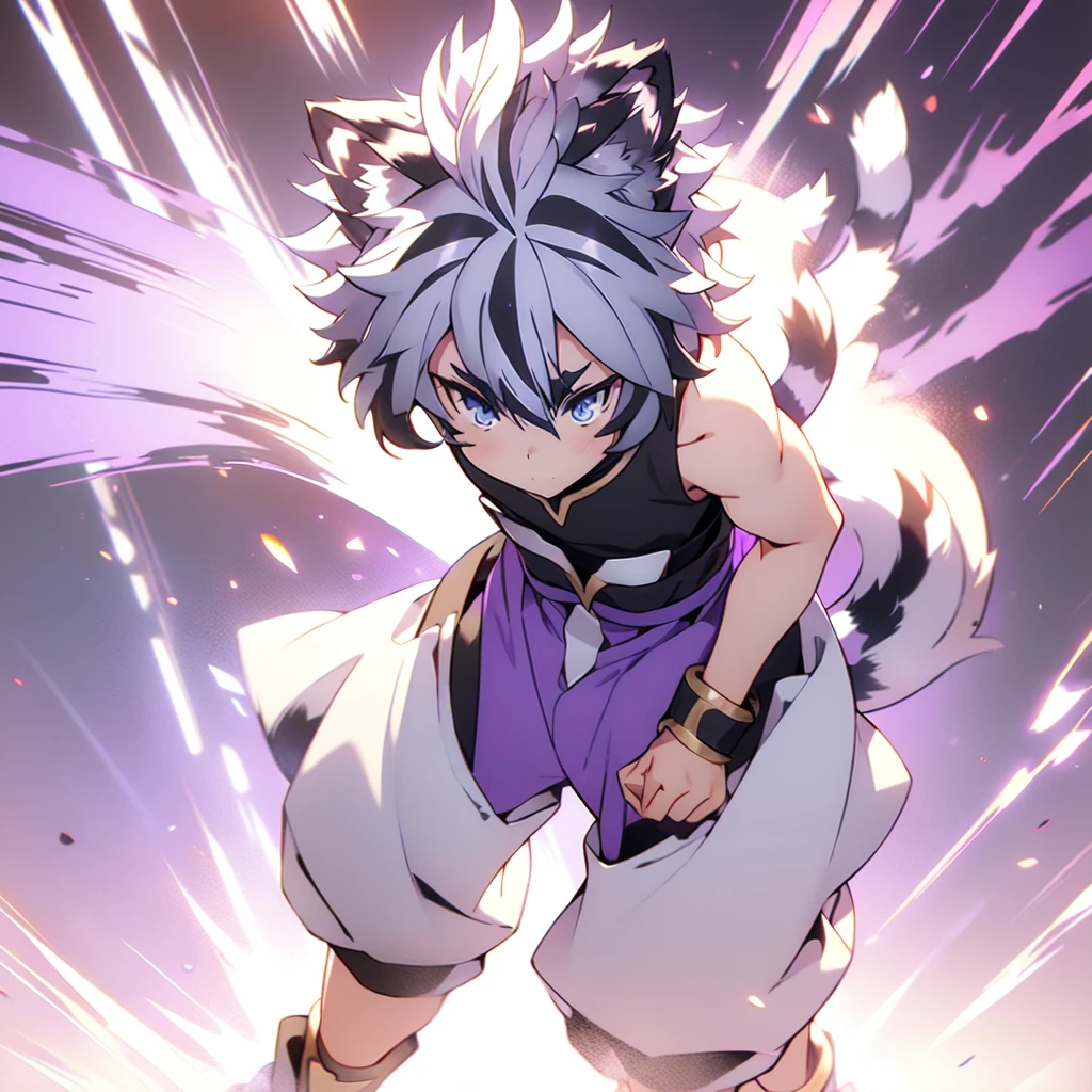 1boy, standing, blush, trying play cool, ((dark purple shirt)), ((black pants)), white tiger ears, white tiger tail, no pupils, dark purple hair, two-tone hair, in rage, Cestus on the hands, ready to fight, purple mini cape, ((single tail)).