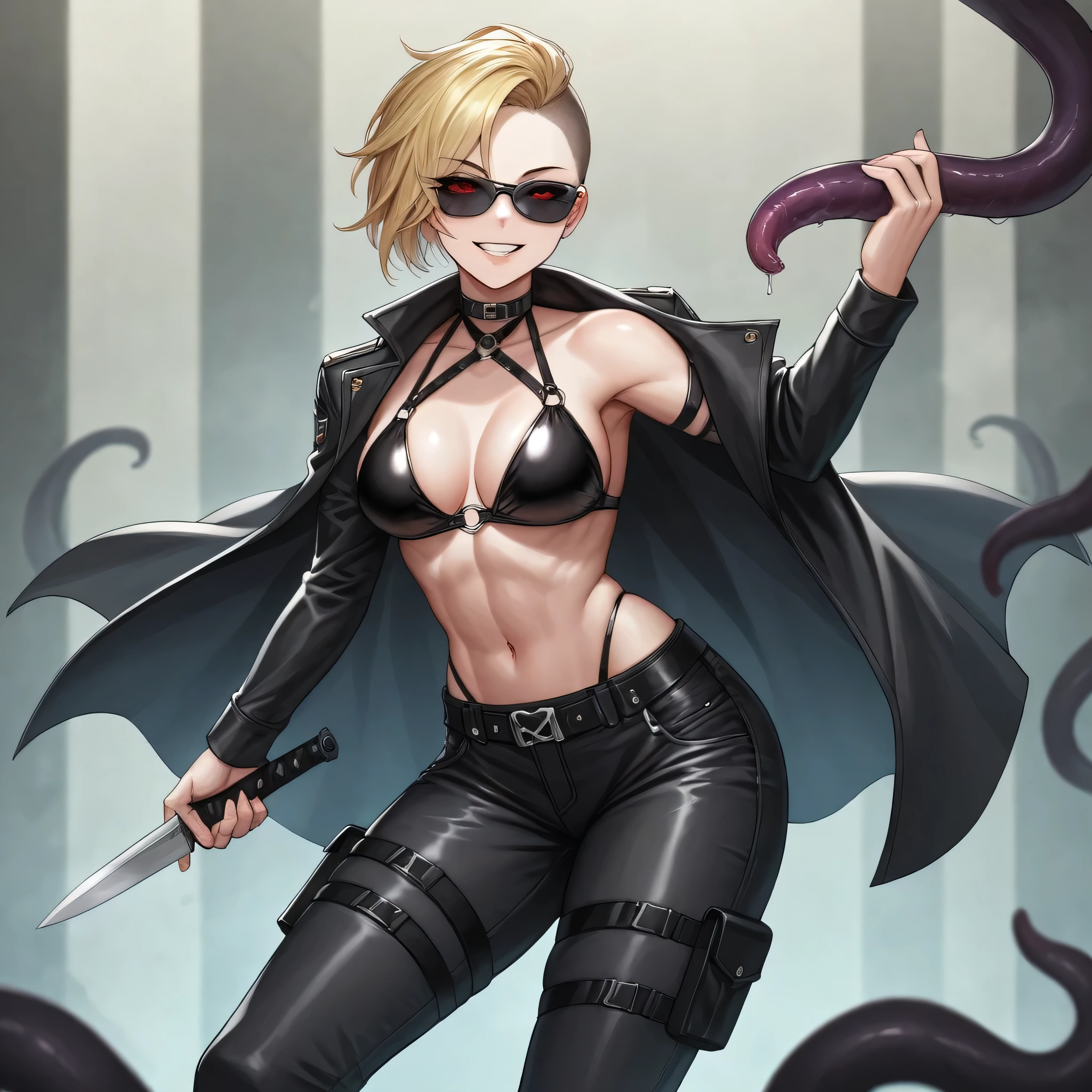 score_9, score_8_up, score_7_up, score_6_up, source_anime, High Quailty, Masterpiece, High Definition, Highly Detailed, Detailed Eyes, Detailed Teeth, Detailed mouth, Detailed Clothes, Detailed Hair, uncensored, 5_fingers, solo, female Wesker from residnet evil, pale skin, blonde hair, black eyeshadow, red eyes, lushes lips, long undercut hair, black sunglasses, smiling, long tounge, black trench coat, black latex bikini top, black cargo pants, black combat boots, tentacle arm, laboratory, wide hips, thick thighs, curvy thighs, hip focus, medium breasts, slim waist, thick bodied, big butt, toned build, waist up shot, looking at audience, facing towards audience, sfw, holding a knife