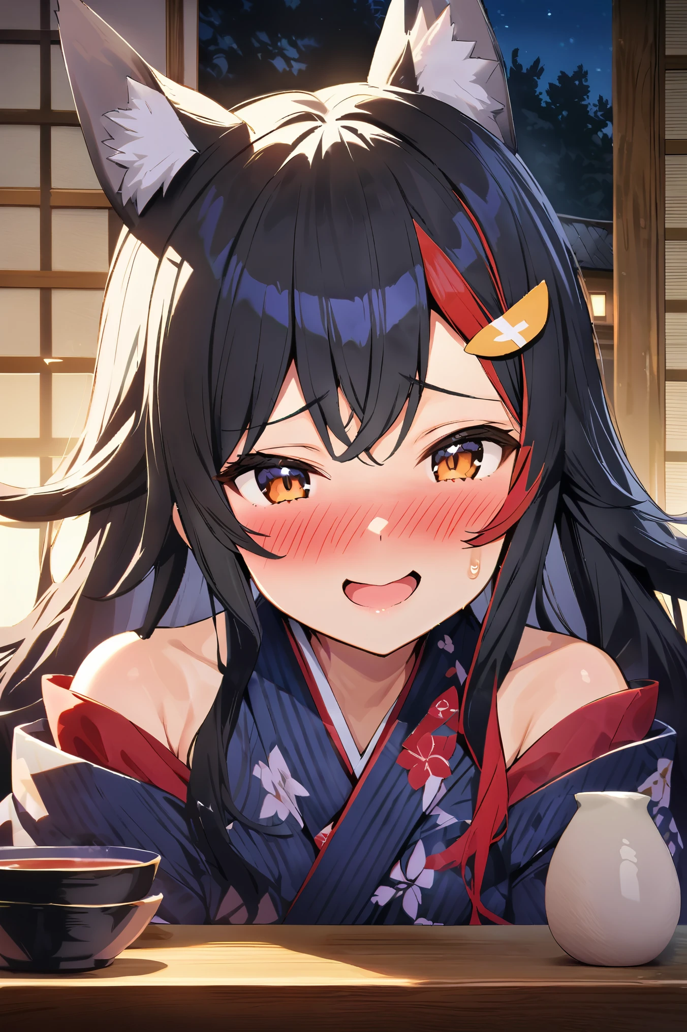 NSFW,masterpiece,Best Quality, high resolution on down, very detailed,Ogami Mio \( hololive \), very long hair,Black Hair,Wolf Ears,Hair accessories、kimono,yukata, off the shoulder,Inn at night,Japanese-style room, moonlight,table, Japanese sake ,Embarrassed,A face in love,Wisdom face,blush,smile, has sex appeal,sweat