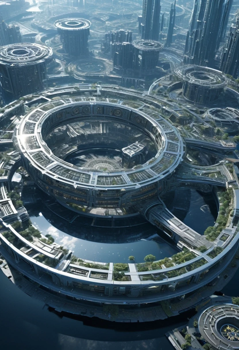 （Very unified CG scene design），（A ring-shaped future city suspended in the universe），（Neatly arranged future technology houses in the ring）complex structure，Complex gears，clear texture，complex patterns，glyphic，Titanium alloy，Sophisticated construction，Ultra-complex structures，future human city，science fiction，cyberpunk characters，