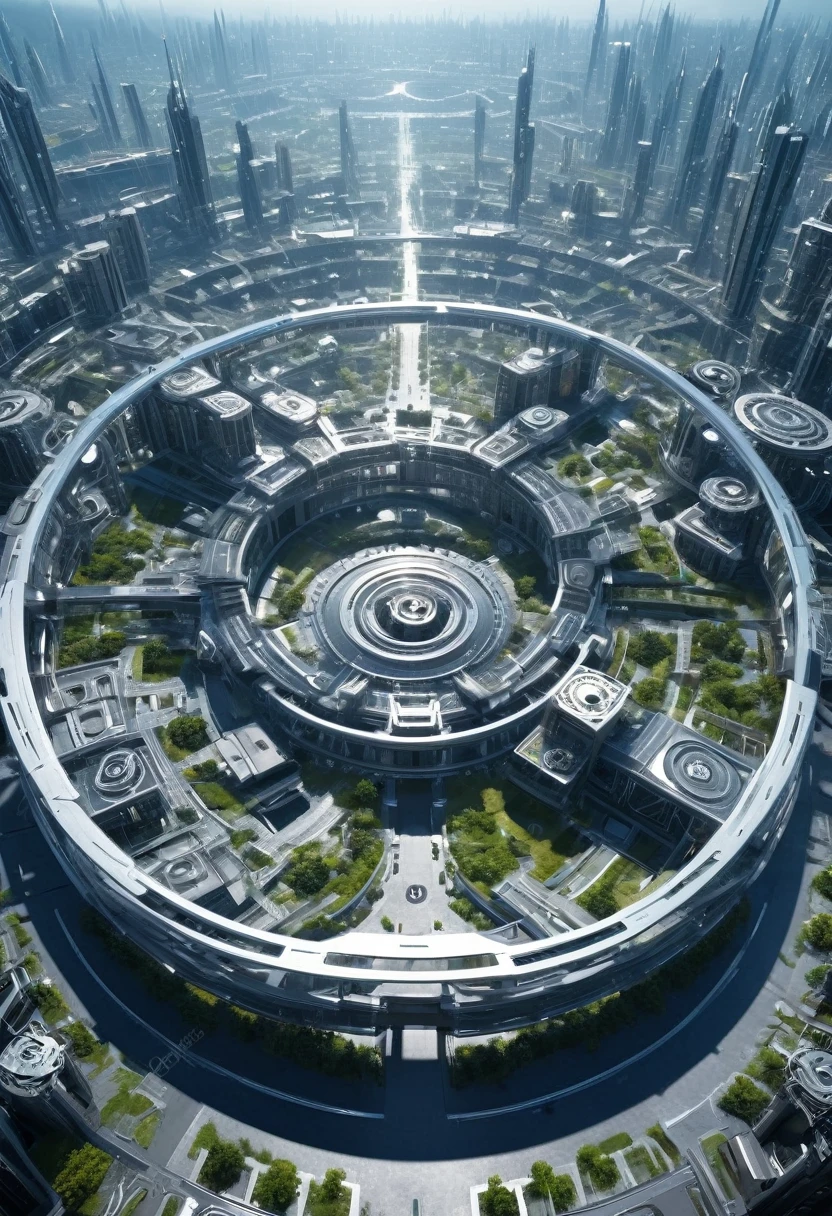 （Very unified CG scene design），（A ring-shaped future city suspended in the universe），（Neatly arranged future technology houses in the ring）complex structure，Complex gears，clear texture，complex patterns，glyphic，Titanium alloy，Sophisticated construction，Ultra-complex structures，future human city，science fiction，cyberpunk characters，