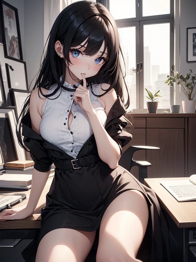 Beautiful short latin girl in her twenties, full body, huge boobs, thin, small waist, round ass. Perfect face, big eyes, lifeless gaze, little nose, full lips, confusion expression, lips lightly open. Wearing a little black dress in an office