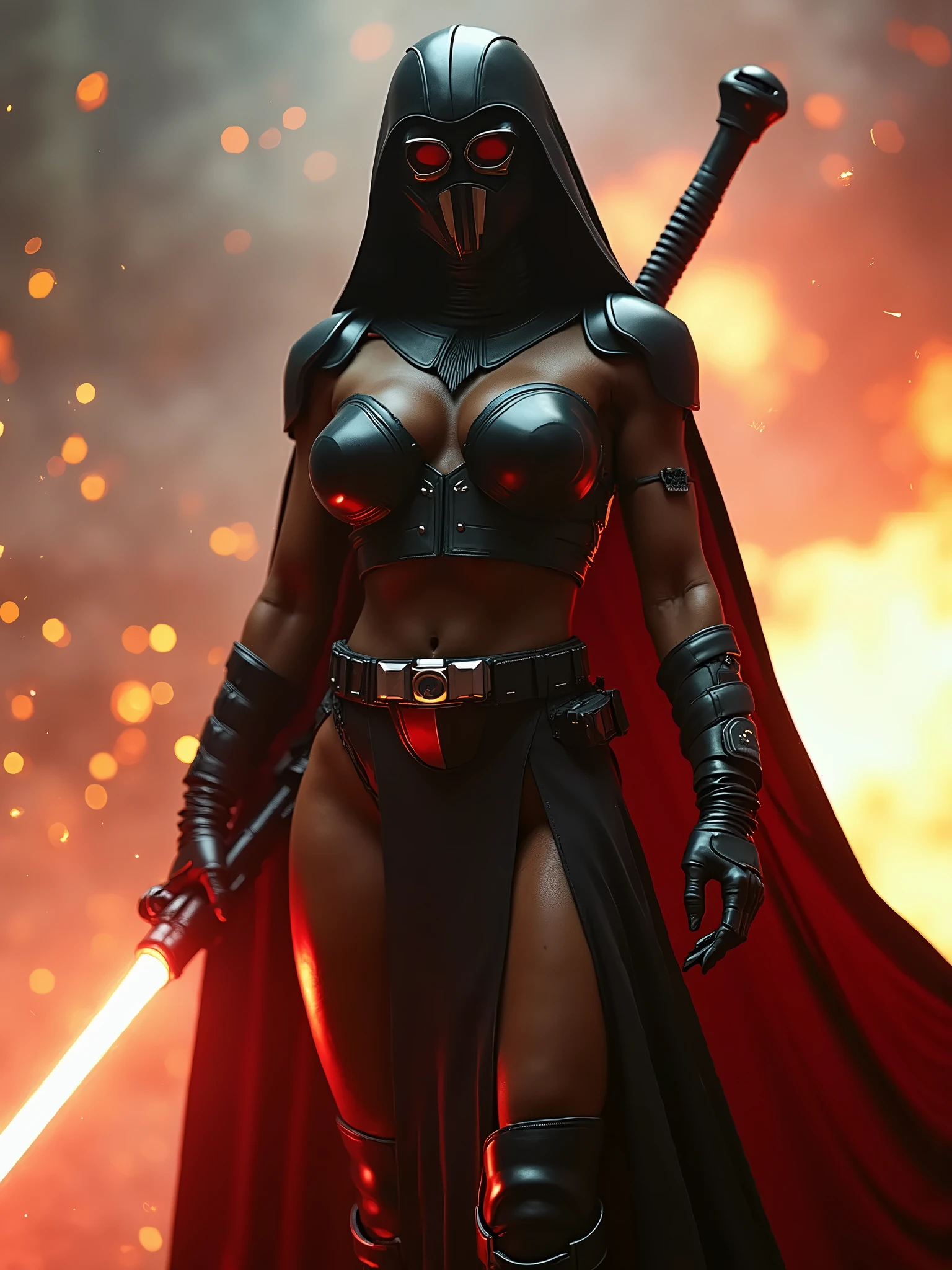 (masterpiece:1.2, best quality:1.2, beautiful, high quality, highres:1.1, aesthetic), detailed, extremely detailed, ambient soft lighting, 4K, perfect eyes, angular face, sharp features, large nose, perfect lighting, 1girl, action scene, lightsaber fighting, lasers, explosions, fire, motion lines, depth of field, masterpiece, best quality, high-definition, armor, busty, ((red skin), twi'lek), dual red lightsabers, evil space knight, space ninja, (wearing black robes, black stealth armor, breastplate, tunic, tabard, cowl, cloak, body glove, straps, buckles, skirts, long sleeves, fantasy, ((armor))), ((busty), slender body, thin, slim sexy body, slim waist, (((huge breasts, gigantic breasts)))), Imperial starship, Star Wars,