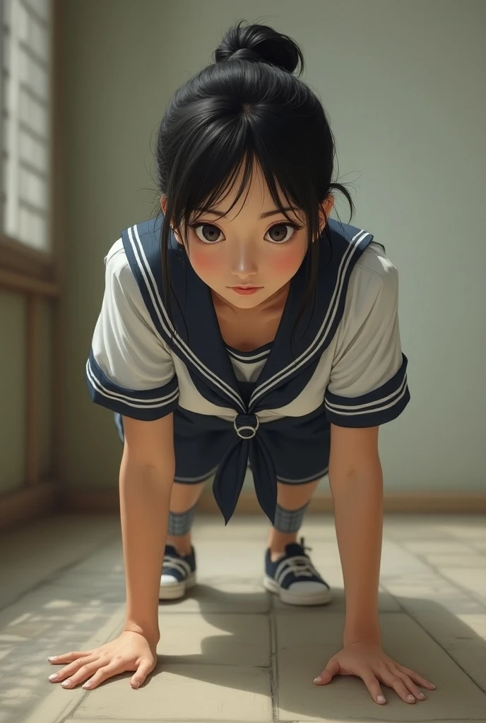 High resolution, Highest quality, super high quality, Ultra-detailed, Cinematic lighting、living room、Swimsuit、、Embarrassing、Sweaty、Sweat、Eyes from below、Girl seen from the floor、Low angle、 See through、