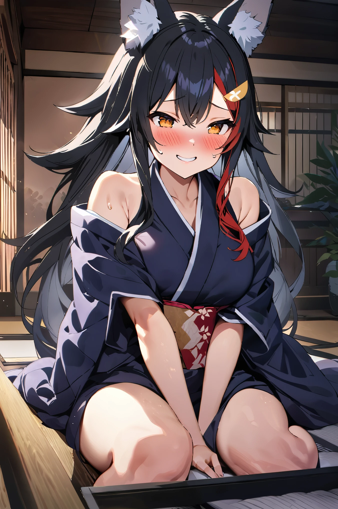 NSFW,masterpiece,Best Quality, high resolution on down, very detailed,Ogami Mio \( hololive \), very long hair,Black Hair,Wolf Ears,Hair accessories、kimono,yukata, off the shoulder,Inn at night,Japanese-style room, moonlight,table, Japanese sake ,futon,Embarrassed,A face in love,Wisdom face,blush,smile, has sex appeal,sweat