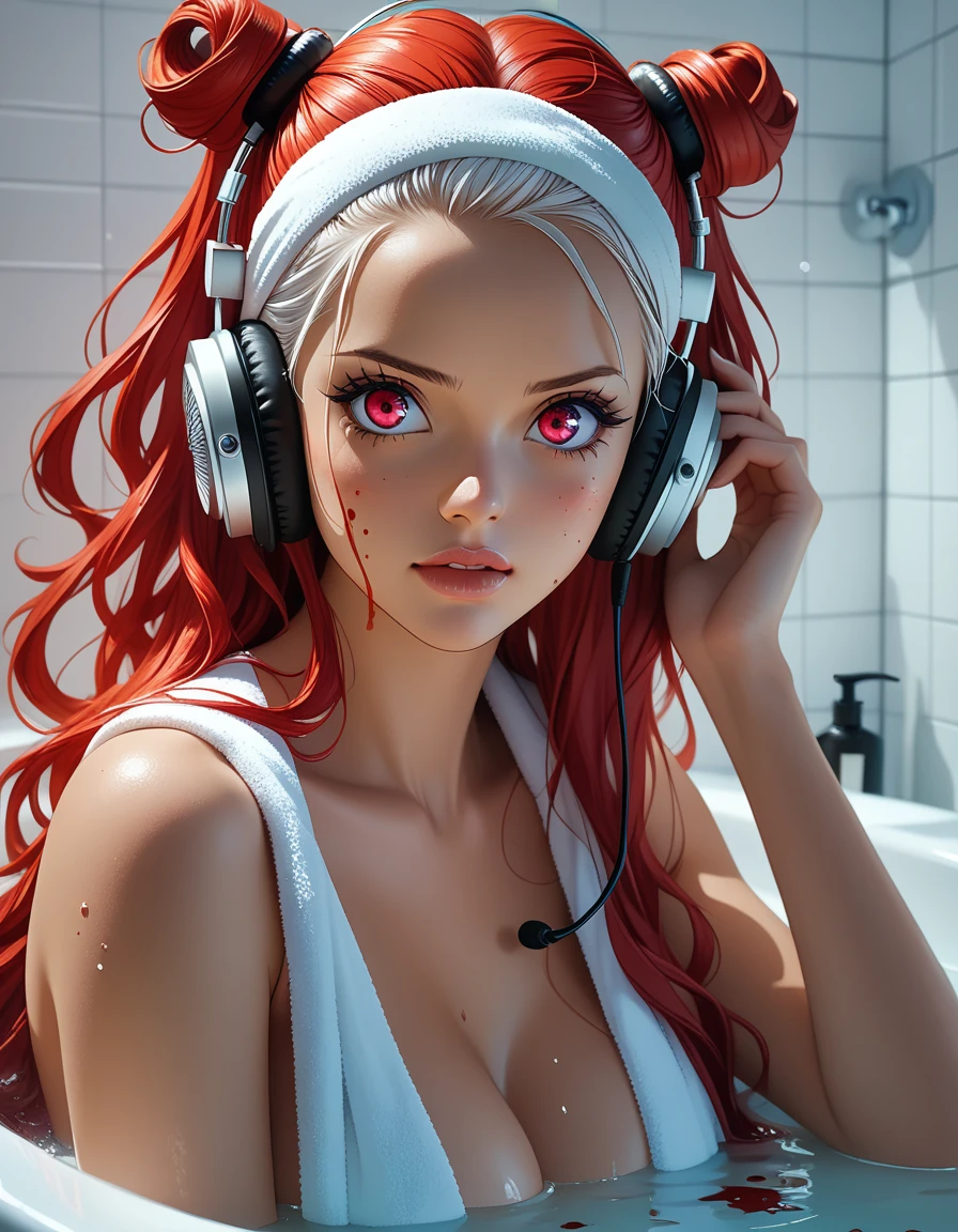 detailed eyes, glowing skin, glitter effect, beautiful glossy lips,  blood spatter on the face, utta from the anime one piece, long hair, red hair on the left, white hair on the right, wears headphones, bangs, wears mascara, perfect body, perfect breasts, beautiful woman, very beautiful, wears a white towel , in the bathroom, bathtub, beautiful bathroom, Realism, high resolution, 1girl, parted hair, hair over one eye, red hair, multicolored hair, long hair, hair rings, Solo, masterpiece, good lighting, cleavage, fine details , masterpiece, centilasts eyes, masterpiece, best quality, pov