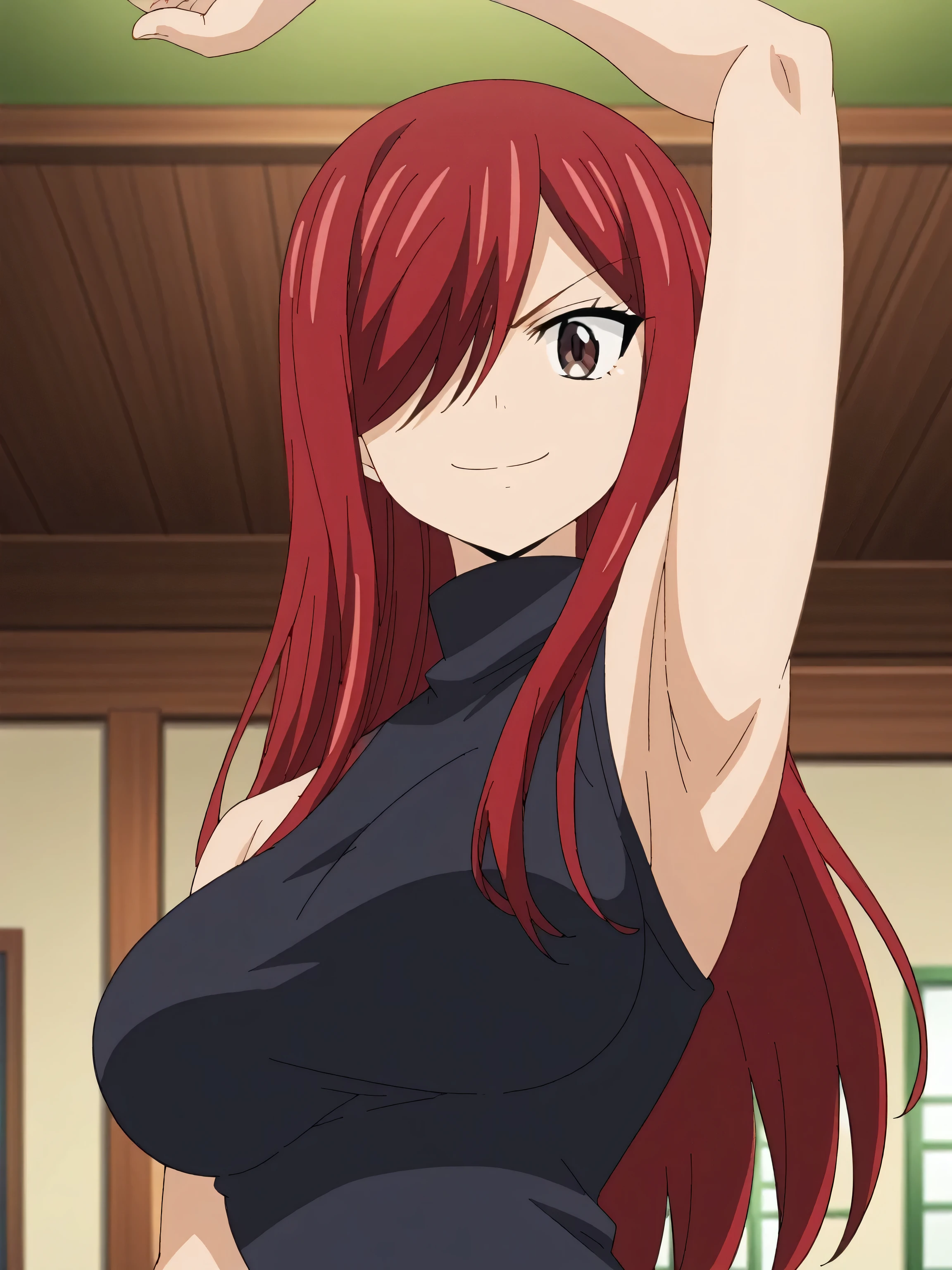 score_9, score_8_up, score_7_up, source_anime, anime screencap, 1girl, solo, erza scarlet, long hair, red hair, hair between eyes, brown eyes, large breasts, sleeveless sweater, black sweater, hair over one eye, arm up, raised arm, armpit, from below , from side, looking at viewer, smile, closed mouth, indoors, badhandv4
