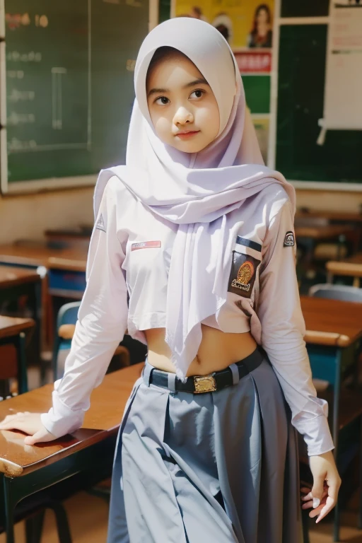 (((Ultra-HD-quality-details))) , school girl wearing hijab (Hijabi) , long sleeve uniform buttoned open navel ,indistinct ,Long skirt ,low waist buckle belt (like a belly dancer ),sitting hunched over ,lean back ,realistic,(8k resolusion)