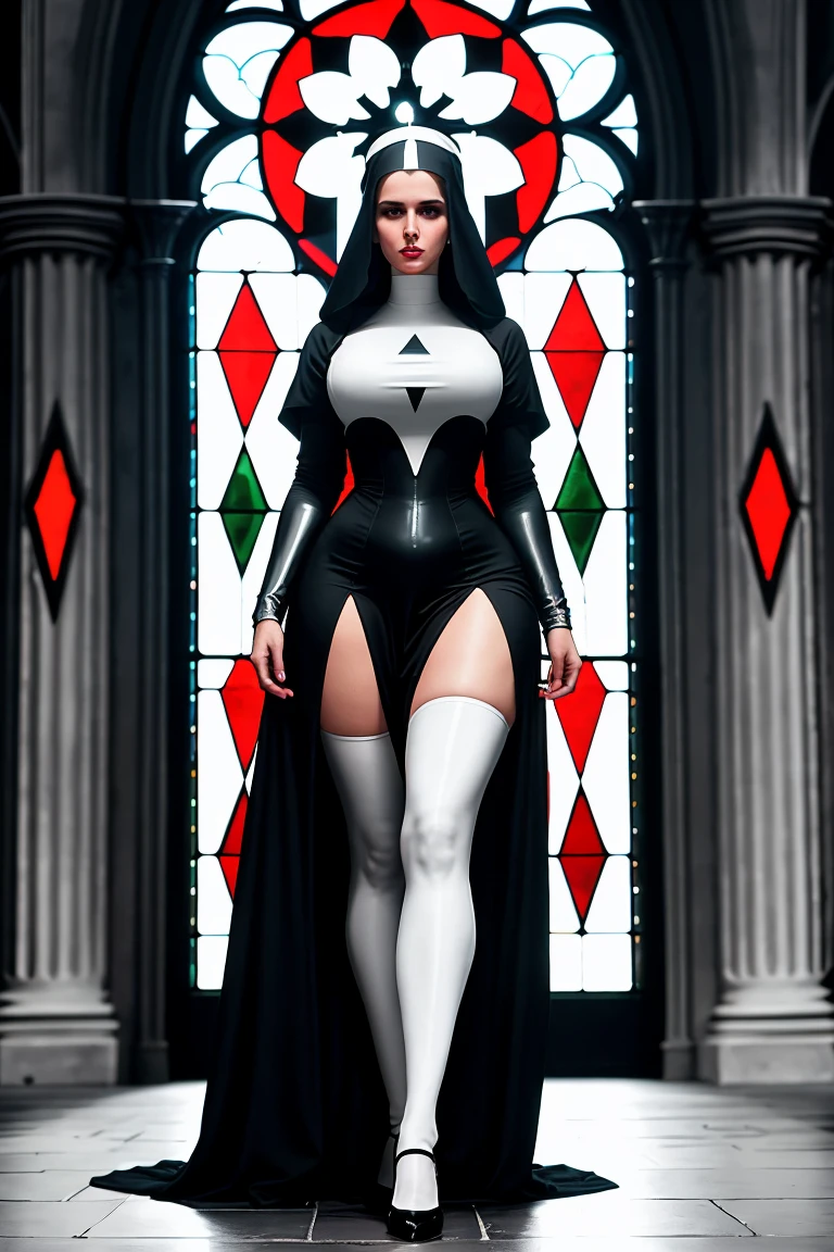 A warrior nun in black, white and red, tall and slender hourglass figure, large full and firm breasts, long slim and slender waist, large wide hips, large full and firm buttocks, thick thighs, makeup, glossy lips, large full lips, (natural lighting), inside Old World cathedral with stained glass windows