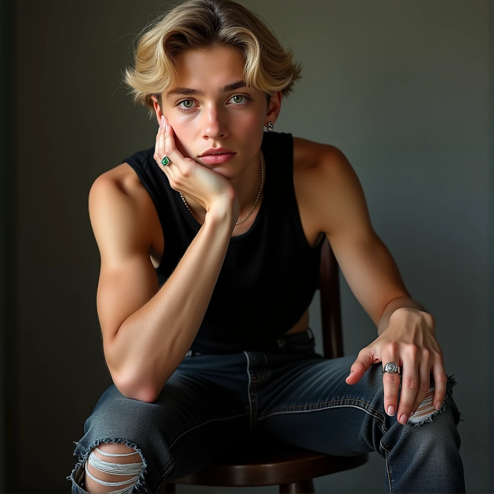 Create a 17 year old boy with blonde hair, androgynous face and body with topless female breasts No muscles, wearing jeans and black sneakers, sitting on a sofa 