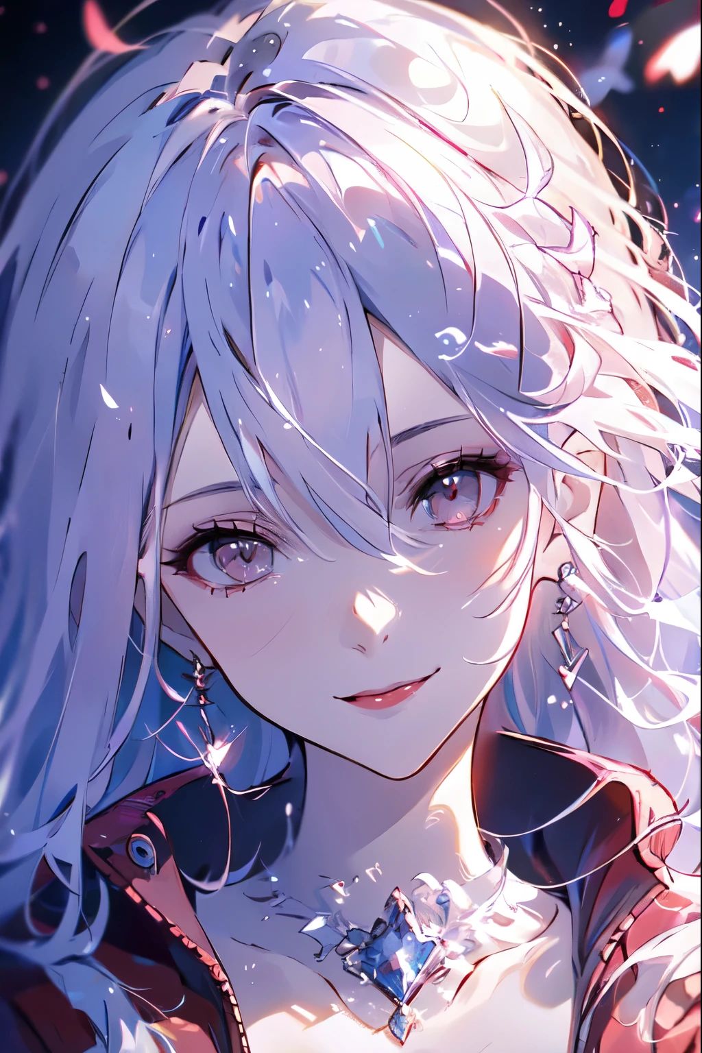 one, Young woman, red jacket, Red Eyes , direct facial treatment , long hair length , Straight Hair , Straight bangs, light color and gradient black stripes, Japanese, Long earrings, insidious smile , 48 years old, Japan sets , Red lipstick,Female Kirito