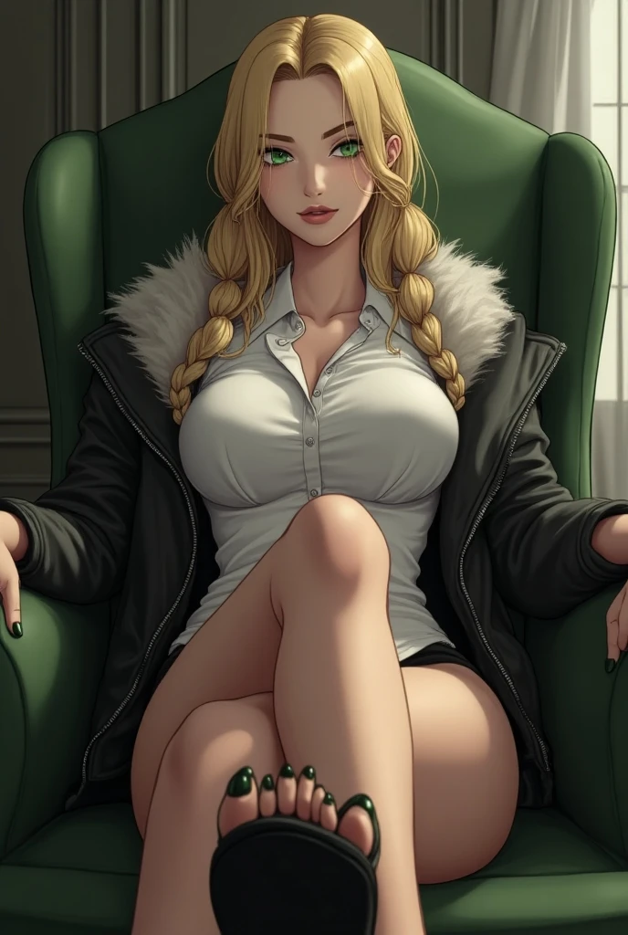 araffe sitting on a chair with her legs crossed, 30 years old woman, 3 0 years old woman, she is about 2 , she is about 2 0 years old, she is about 20 years old, she is about 30 years old, she is about 3 0 years old, 18 years old, attractive girl, yellow hair, five finger on hand, five finger on foot, red nail polish on the fingers, red nails on the toes