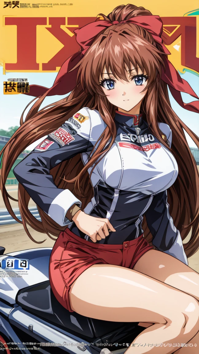   Anime Illustration  , 1 person,    hair bow、   riding a motorcycle   　  race queen　 hotpants　  magazine cover