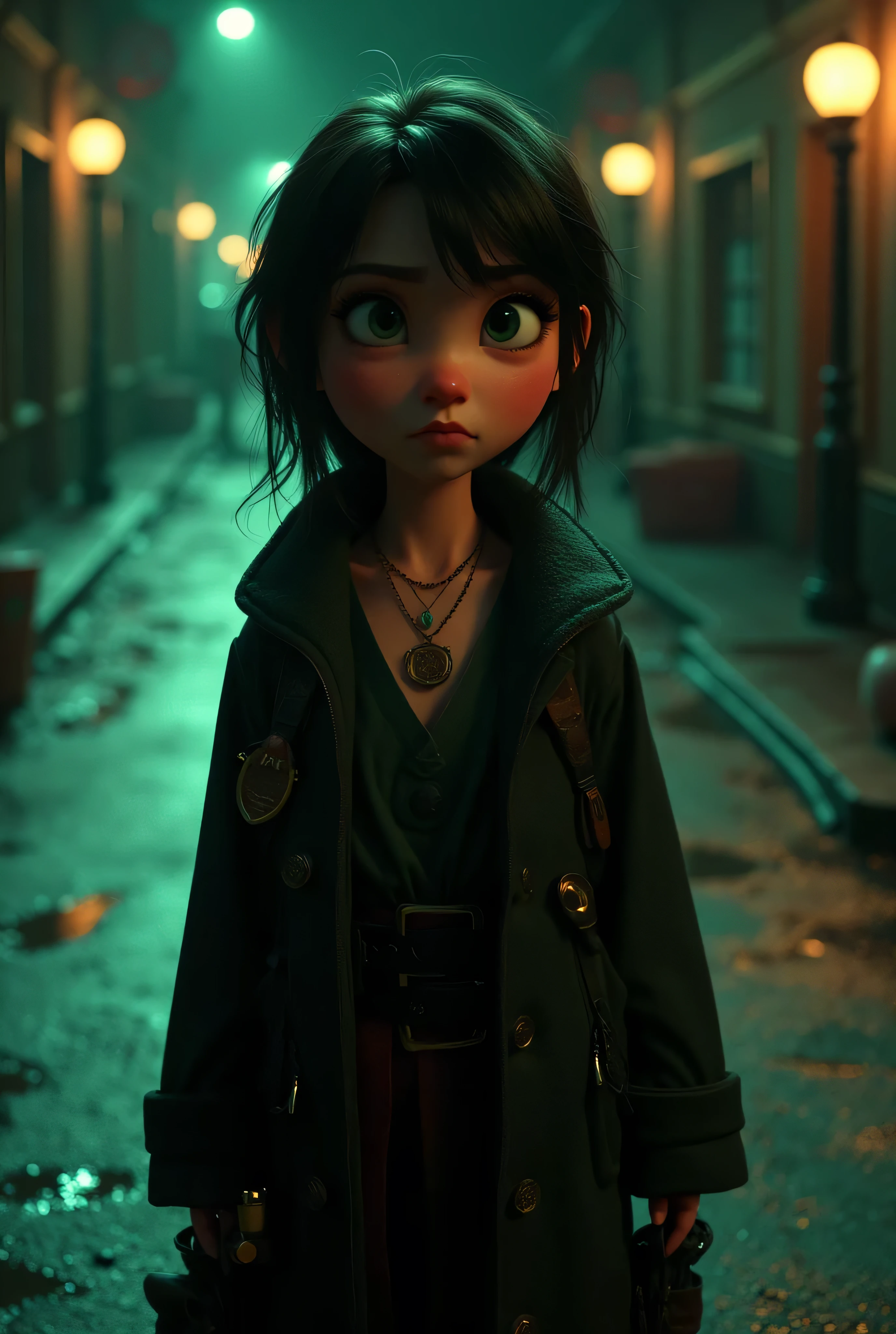 Score_9, score_8_up, score_7_up // (a woman with dark clothing and accessories on her clothes) // (the scene is a street at night with some puddles of water on the ground) //  (posts have poor lighting with a green tone) // (((Disney-Pixar)))