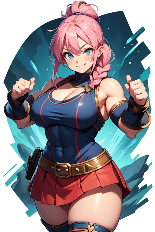 beautiful dwarf girl, solo female, dwarf DND female, action pose, highly detailed hands, freckles, pink hair, long braid, hazel eyes, medium sized chest, muscled, athletic, sexy armor, short stature, blue armor, red skirt, wide shoulders, sexy mini skirt, short woman, smile, adventurer gear, fighter, muscled abdomen, sexy abdomen, curvy body, curvy figure, muscled biceps , happy expression, masterpiece, action pose, highest detail, anime, dragon ball style.