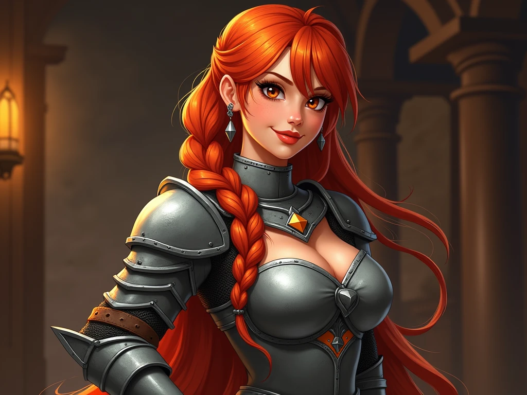 sexy female warrior, wearing armour, heavy armour, cowboy shot, red hair, toned body, cleavage, wide hips, chains, steel, nipples
