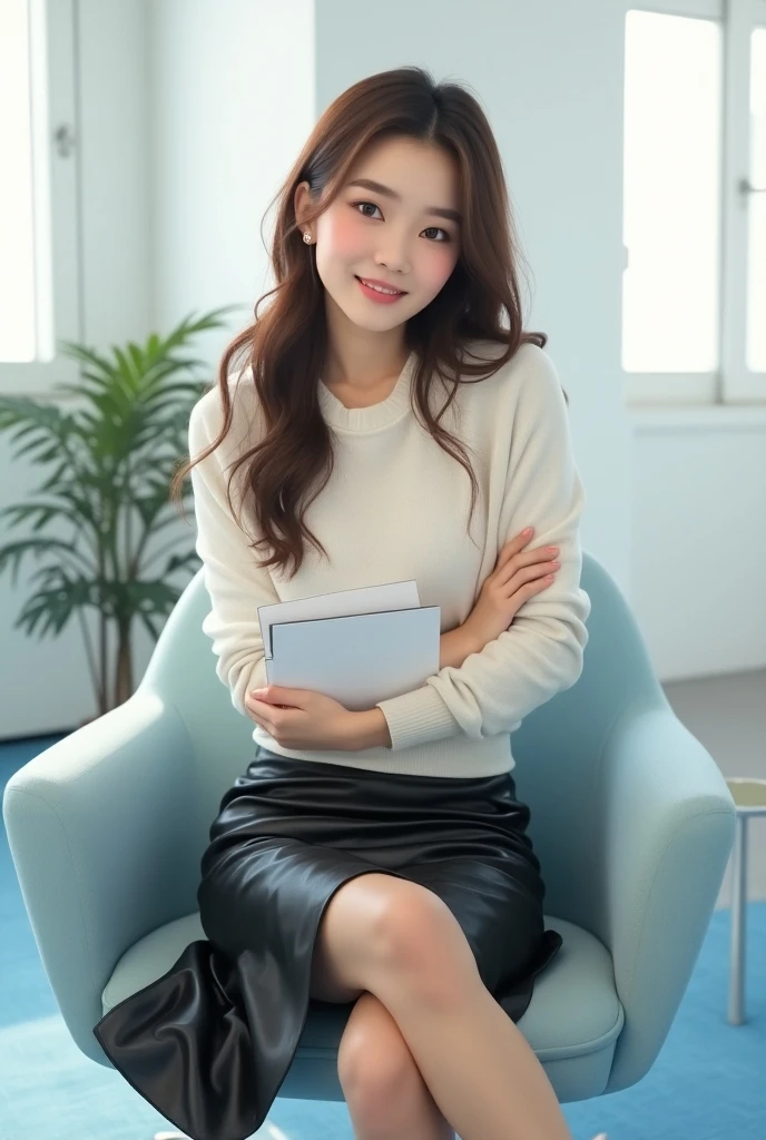 (masterpiece:1.2,8k, raw photo, ultra quality), absurdres, (photo realistic:2), high detail raw color photo,skiny skin, professional photograph,((best quality))、Beautiful Japanese office lady、pencil skirt、Dress shirt、Panty peeking、skirt lift、White panties、smile、View your viewers、Please stretch your legs and rest.、short hair、White Background、Sit on a chair、