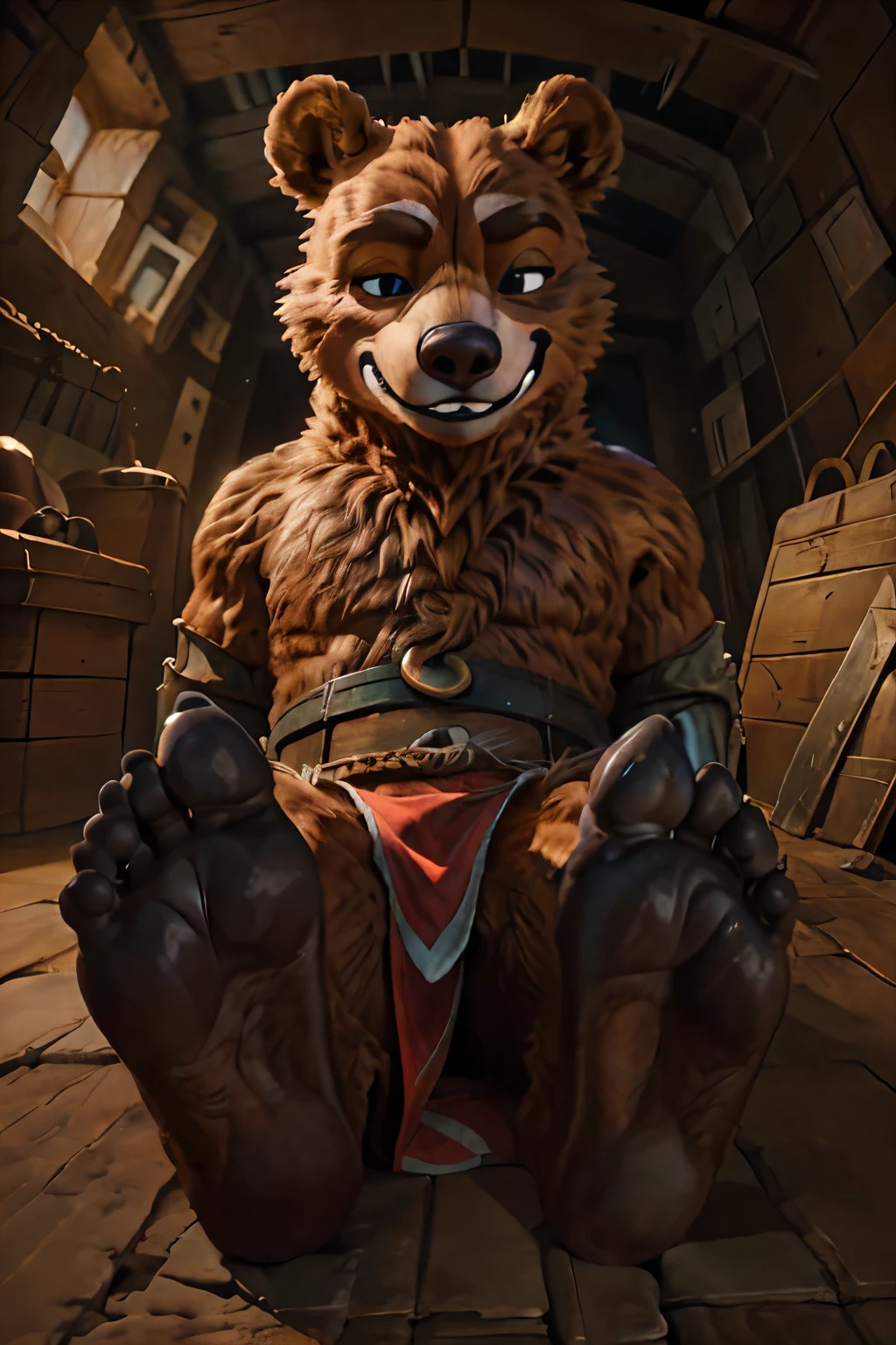 handsome, (defeated)) ((exhausted)) brown bear, grizzly) wearing red LOINCLOTH, closed eyes, tonque stuck out of the mounth, average build, warm lighting, 8k semi realistic, low angle, small grin, foot (4 toes ) ((small claws on toes)) ((five toes)) (coatimundi tail) ((plantigrade) (feet to the viewer) (five toes) 5toes, 5finger, (long nails) (black nails) defetaed on the floor, (beaten up))) ((dungeon)) (forrest primitiv bridge)) (iron rail on the legs) (iron bracers on the arms) simple sword (iron gray round simple shield) (anthro bear warrior) ((setting lying down on a primitv bridge)) (light particles),(best quality),(masterpiece),(ultra detailed) ((black feet soles)) (lying on the floor))