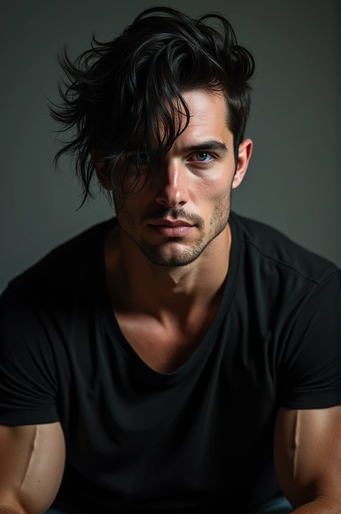 Man dark hair in front of face blue eyes black t-shirt muscles sexy