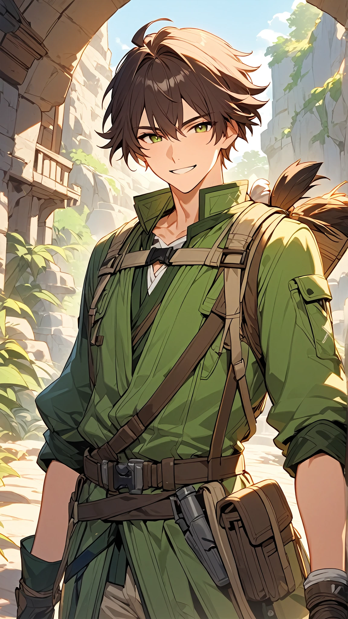 A 20-year-old young man with dark brown hair, always wearing a cheerful smile. He is dressed in green adventurer's clothing, perfect for exploration or combat. He holds a bow casually in his hand, ready for action. His relaxed and friendly demeanor contrasts with the skill and readiness of a seasoned adventurer 