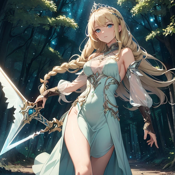 masterpiece, best quality, illustration, 1girl, solo, Riesz, (gold long hair), green dress, sharp eyes, (vivid color), light, thick smoke:1.6, (floating white ink:1.8), Cyan flame, (beautiful and clear background:1.25), (depth of field:0.7), Dreamlike, (highres:1.2), (ultra-detailed:1.2), (extremely detailed CG unity 8k wallpaper:1.2), (traditional media), (sketch:1.1), finely detailed beautiful eyes and detailed face, spear, (flying petals:1.2), white flower, spearfight, dynamic colors, colorful, dynamic pose, dynamic angle, (full body:1.5), Trials of Mana, (spear, holding spear:1.5), Riesz, medium breasts, (detailed eyes), cute, beauty, HDR, 4K, nier anime style, harmony, fighting stance,