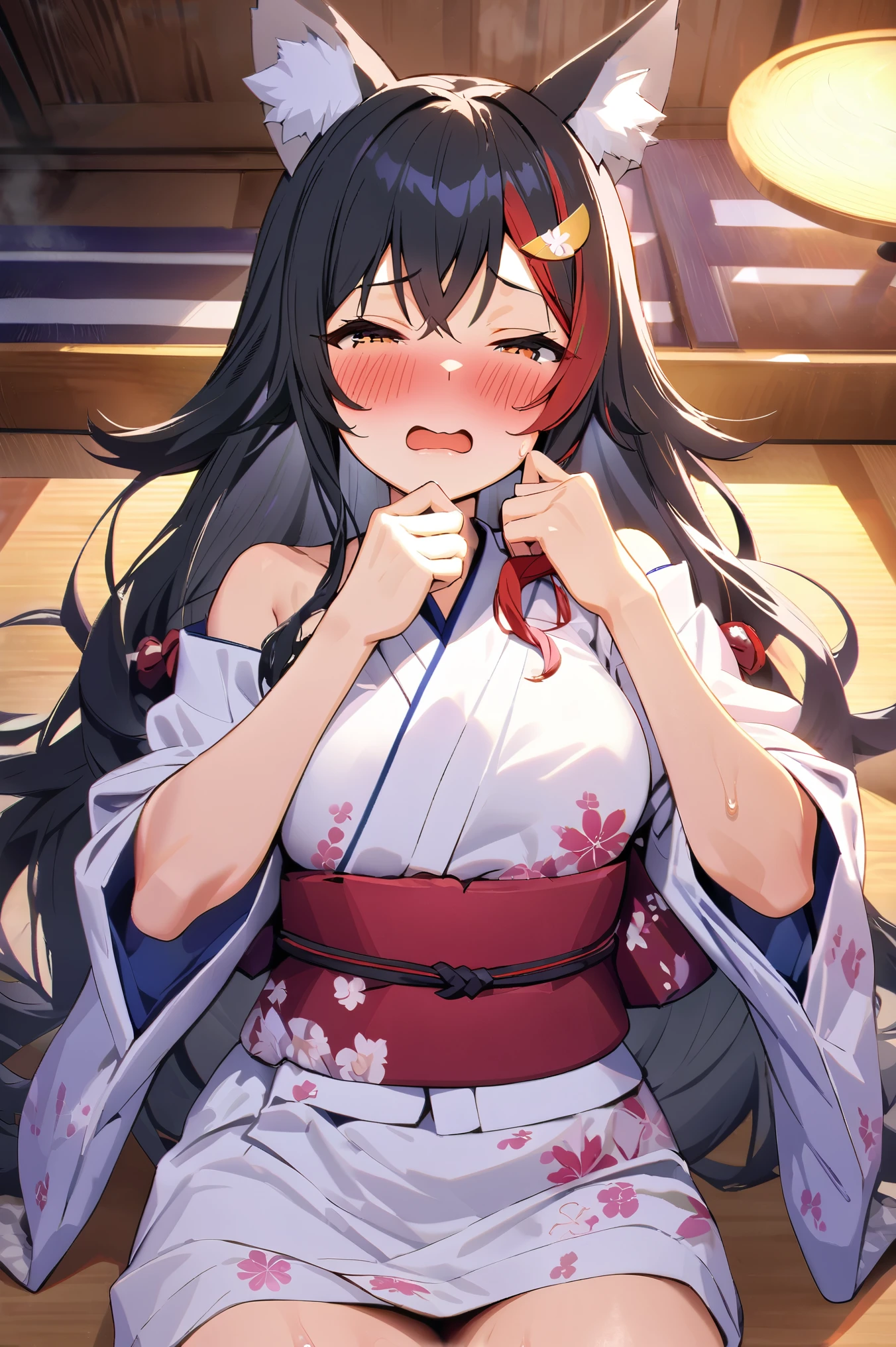 NSFW,masterpiece,Best Quality, high resolution on down, very detailed,Ogami Mio \( hololive \), very long hair,Black Hair,Wolf Ears,Hair accessories、kimono,yukata, off the shoulder,Inn at night,Japanese-style room, moonlight,table, Japanese sake ,futon,Embarrassed,blush,Sleepy face, has sex appeal,sweat