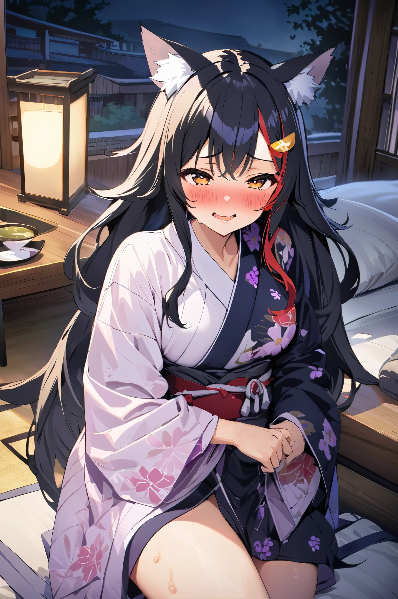 NSFW,masterpiece,Best Quality, high resolution on down, very detailed,Ogami Mio \( hololive \), very long hair,Black Hair,Wolf Ears,Hair accessories、kimono,yukata, off the shoulder,Inn at night,Japanese-style room, moonlight,table, Japanese sake ,futon,Embarrassed,blush,Sleepy face, has sex appeal,sweat