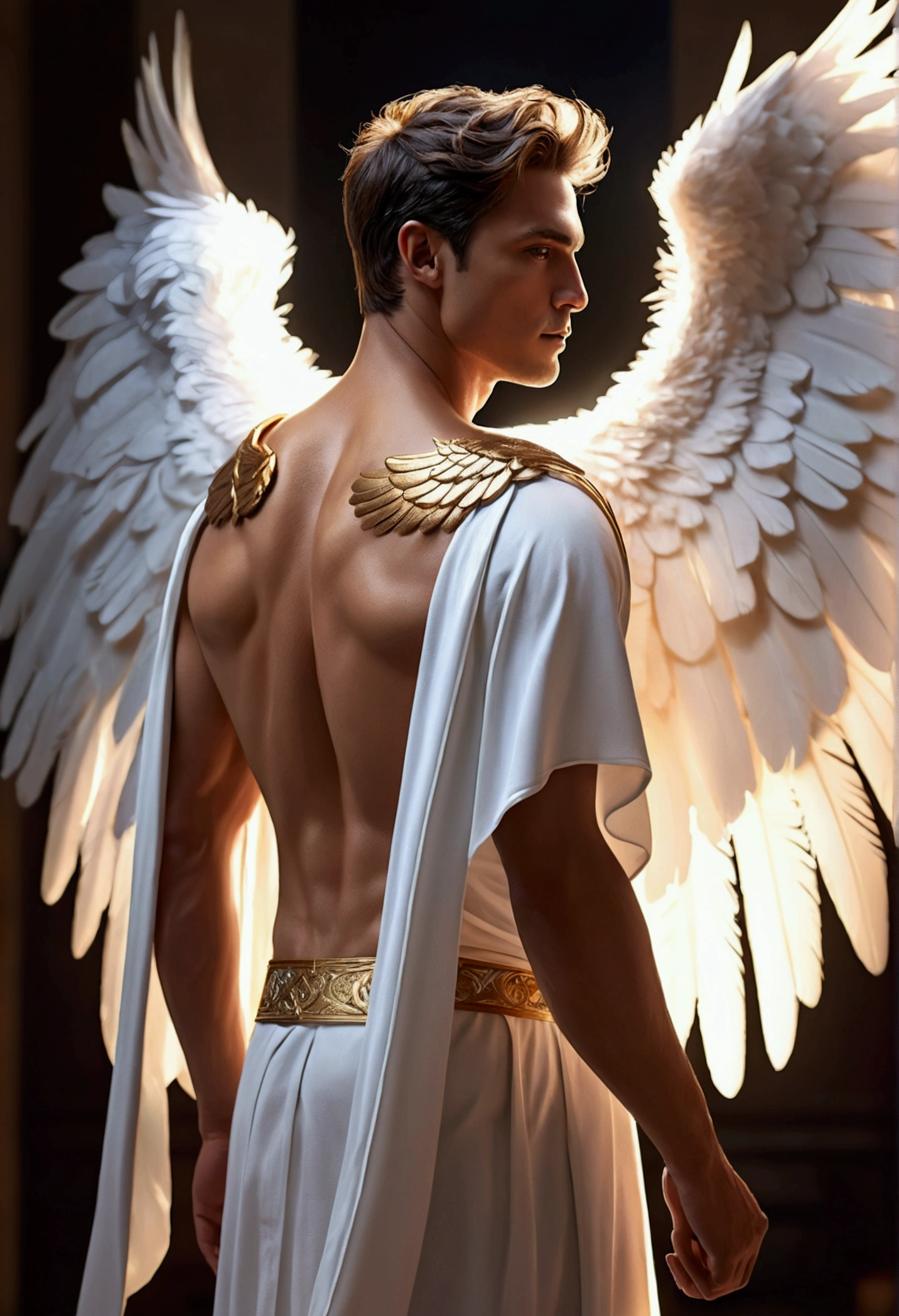 (masterpiece, ultra quality, high-res, 10, intricate: 1.2), (detailed face:1.2),Very handsome, Detailed skin , [Short Hair Hair],1Men,White prince dress, ((Realistic)), good lighting quality, Young Korean , ((pale skin)), balanced eyes,Angel 1 Wing,Beautiful shape,fascinating,angel,Light brown hair, prince of heaven,((Beautiful muscles)),Body Show , sexy people