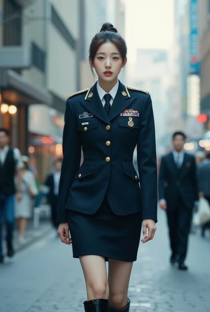 1 woman,beautiful korean woman, hair bun, wearing Military uniform,Prussian general Uniforms,navy blue uniform,detailed uniform,pencil miniskirt,military Medallion on uniform,combat boots,studio lighting, dslr, soft lighting, high quality, light reflections,natural makeup, pale skin, detailed skin, beauty spots, skin fuzz,(full body: 1.3),background detailed,legs,walking in the city,black necktie,white collard shirt inside,