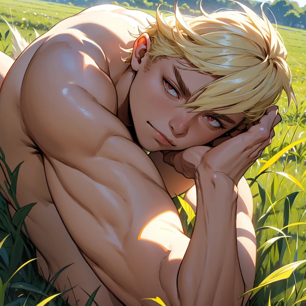 [Katsuki Bakugo, male, tone, mature: 1.5] [blonde hair, short spikey hair, red eyes] [nude] [day time] [detail eyes, detail face, detail hand] [alone, laying on back in a field, corn in his ass, moaning, corn field setting]