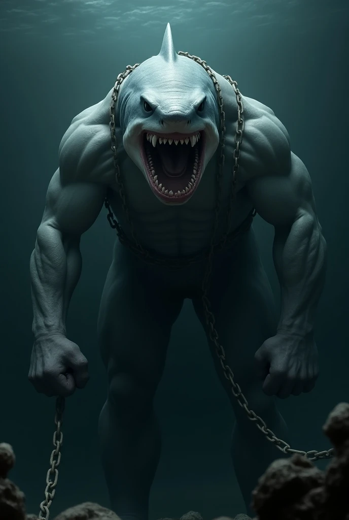 very strong big man with shark head holding a chain, in front of a steel cage